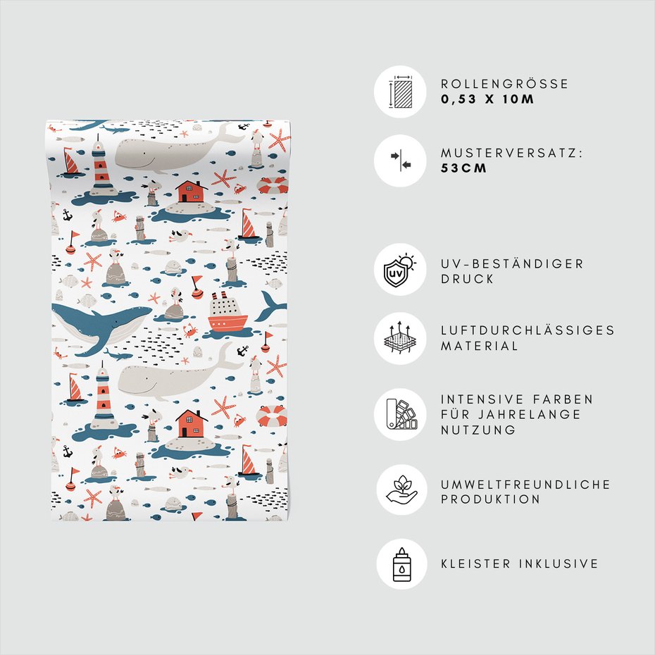 Tapeta - dziecięca, wieloryby, mewy, morze