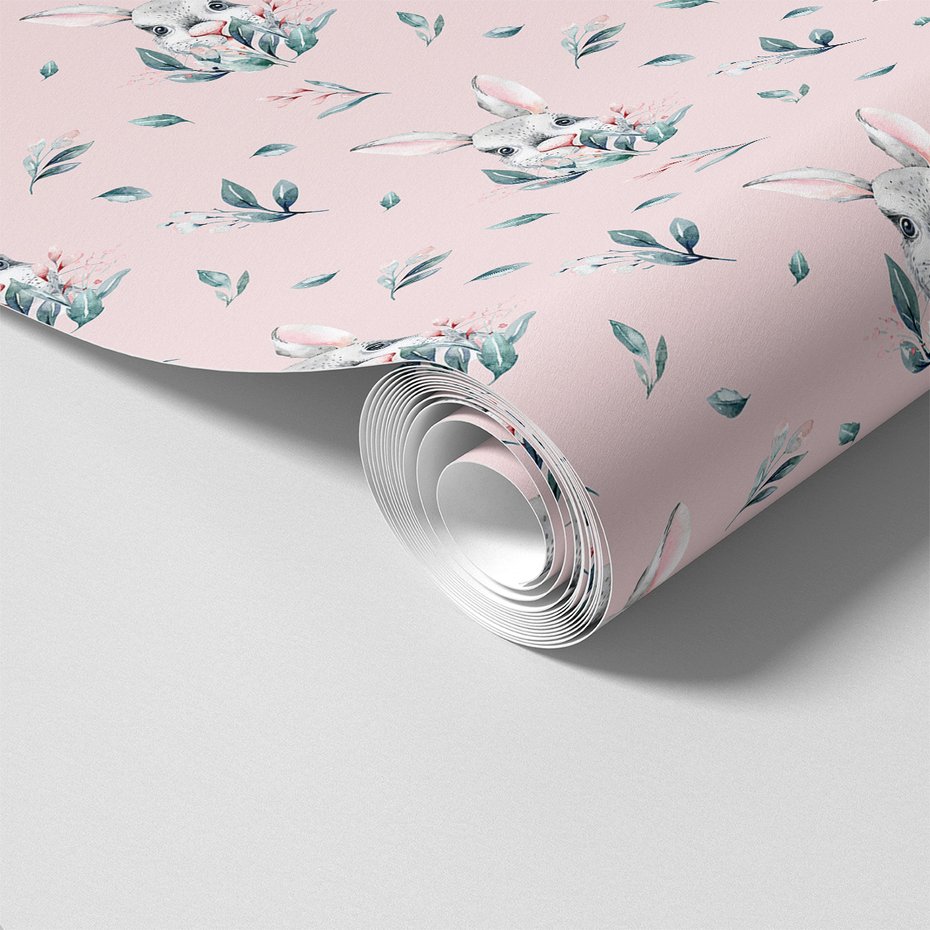 Tapeta - królik, liście, kwiaty