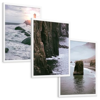 Zestaw obrazy w ramie, plakaty - morze, skały, wybrzeże - rama biała