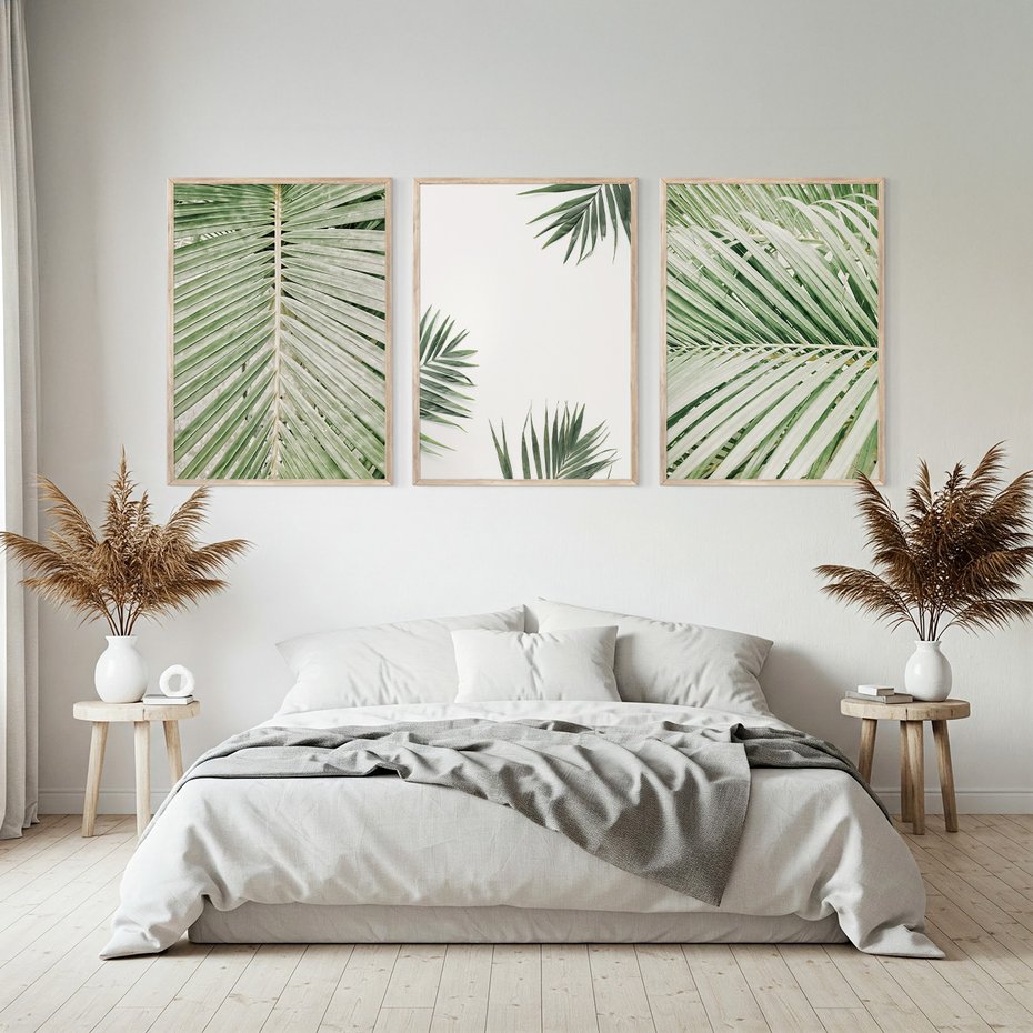 Zestaw obrazy w ramie, plakaty - liście, palmy, tropikalne - rama drewno