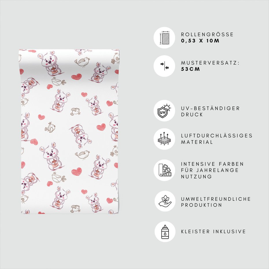 Tapeta - dziecięca, myszy, ptaki, serca