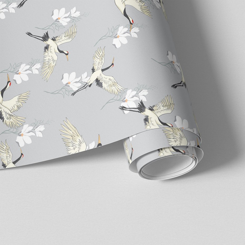 Tapeta - żurawie, kwiaty, wzór