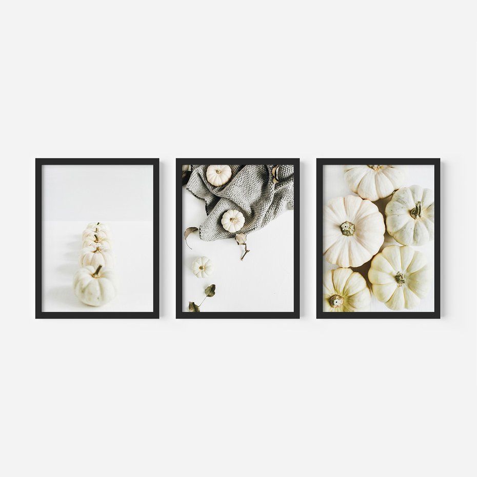 Zestaw obrazy w ramie, plakaty - dynie, jesień, dekoracje - rama czarna