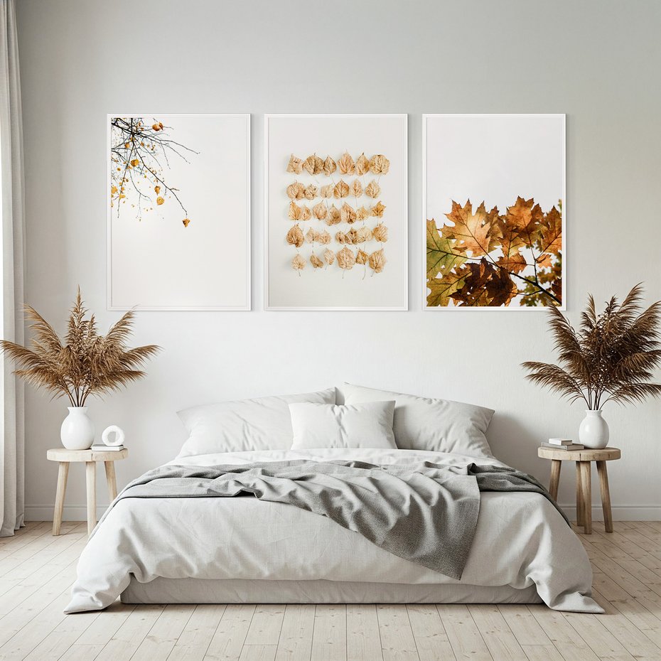 Zestaw obrazy w ramie, plakaty - liście, jesień, gałęzie - rama biała