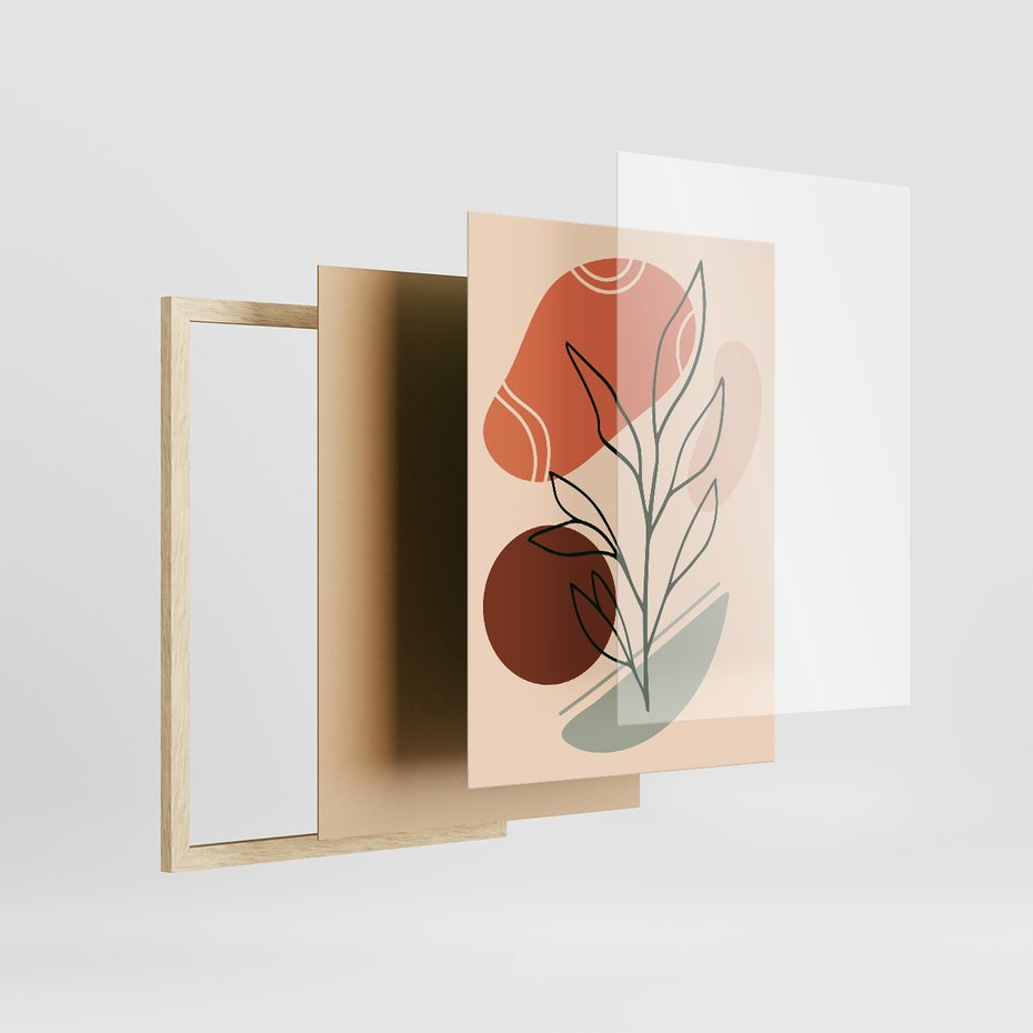 Zestaw obrazy w ramie, plakaty - abstrakcja, liście, rośliny - rama drewno