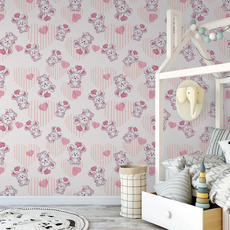 Tapeta - dziecięca, królik, serce,