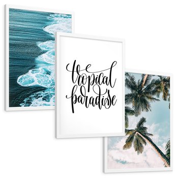 Zestaw obrazy w ramie, plakaty - tropikalny, morze, palmy - rama biała