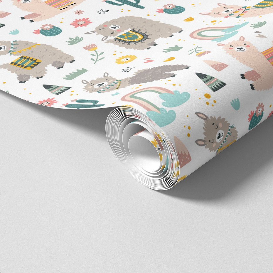 Tapeta - dziecięca, lama, kaktus, tęcza