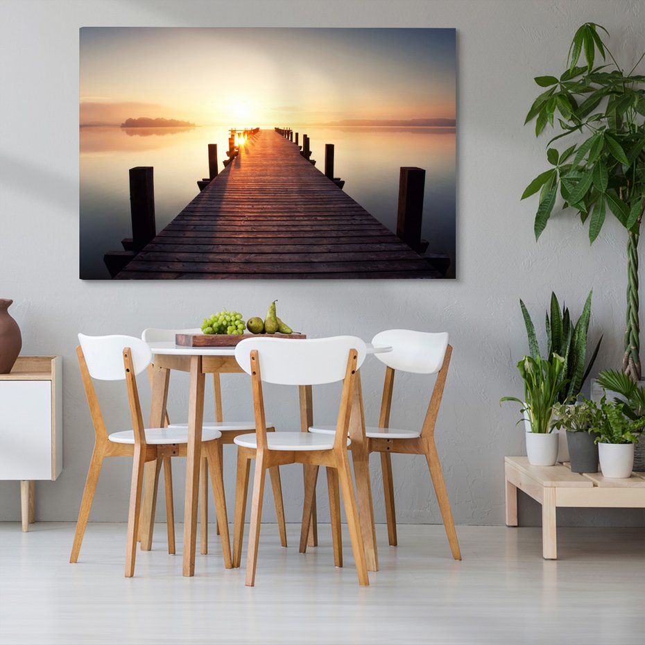 Obraz na płótnie - jezioro, pomost, wschód słońca