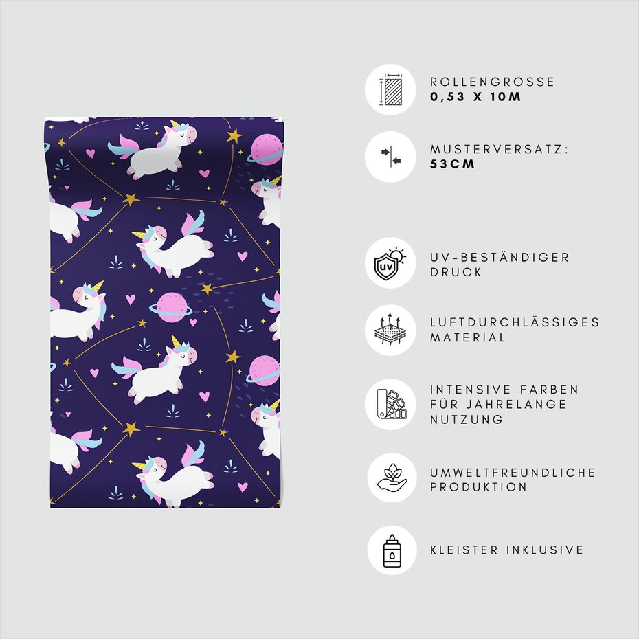 Tapeta - dziecięca, jednorożce, gwiazdy, planety