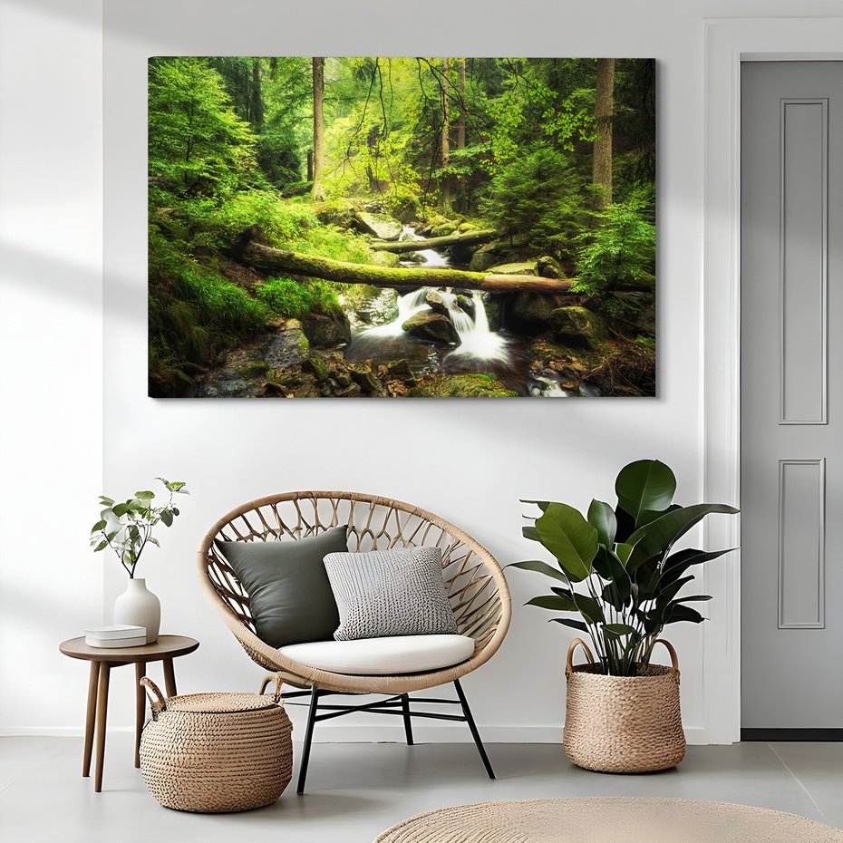 Obraz na płótnie - las, wodospad, potok