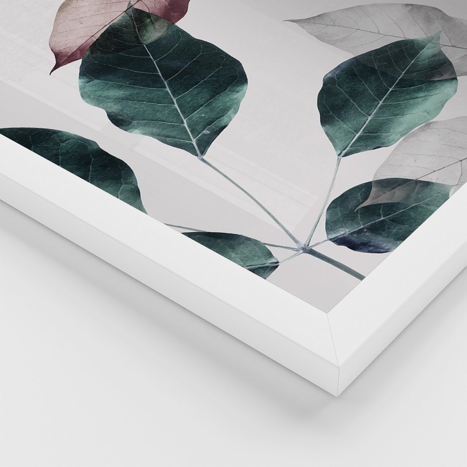 Zestaw obrazy w ramie, plakaty - liście, pastelowe, botaniczne - rama biała