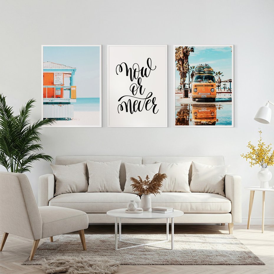 Zestaw obrazy w ramie, plakaty - plaża, lato, wakacje - rama biała