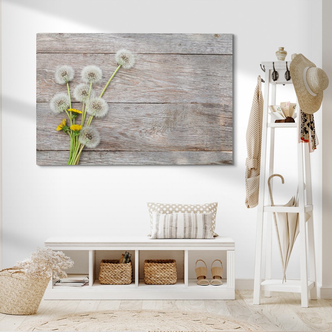 Obraz na płótnie - dmuchawce, kwiaty, drewno