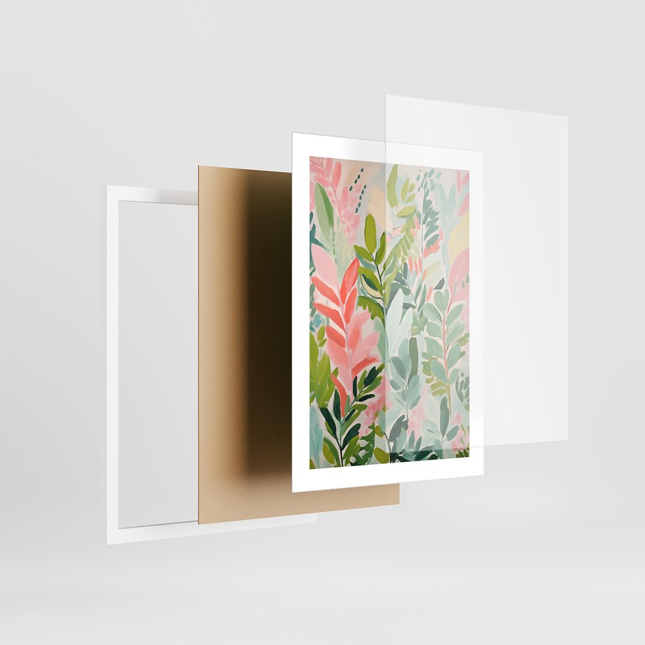 Zestaw obrazy w ramie, plakaty - kwiaty, liście, rośliny - rama biała