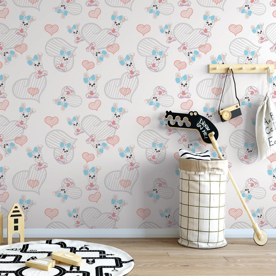 Tapeta - dziecięca, królik, serce, kokarda