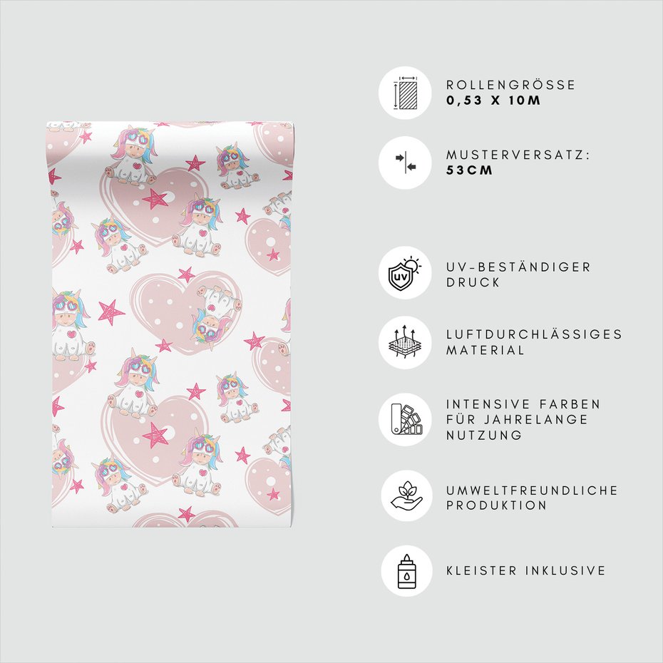 Tapeta - dziecięca, jednorożec, serca, gwiazdy