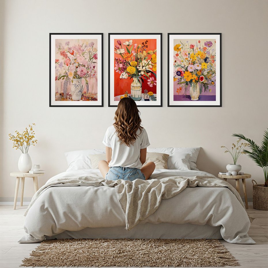 Zestaw obrazy w ramie, plakaty - kwiaty, wazon, bukiet - rama czarna