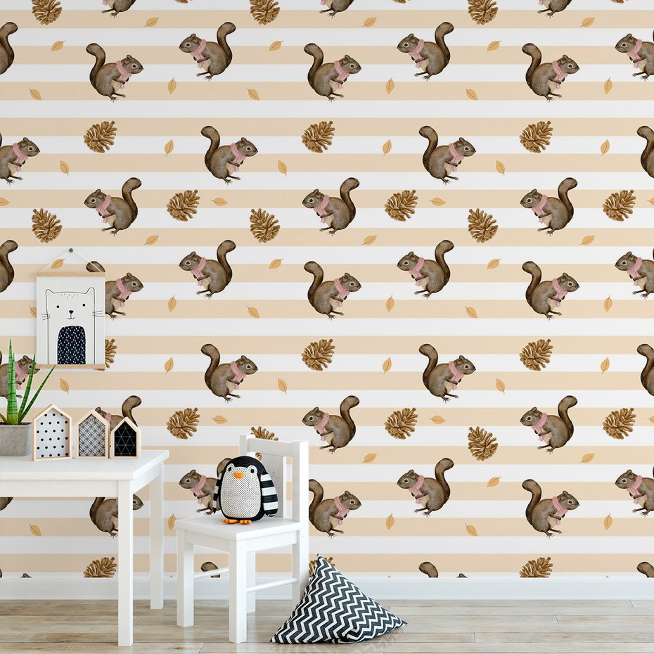 Tapeta - wiewiórka, szyszka, liść