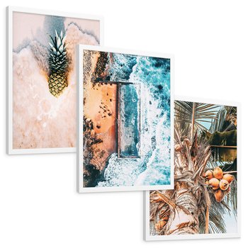 Zestaw obrazy w ramie, plakaty - ananas, plaża, kokosy - rama biała