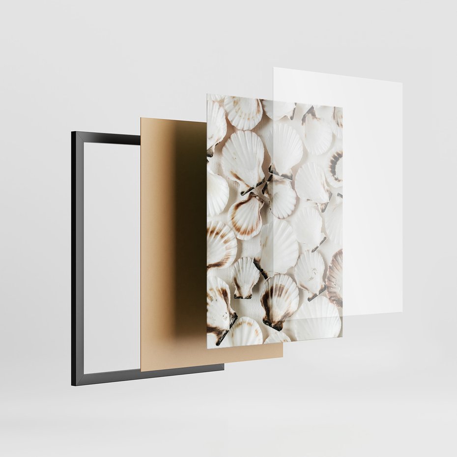 Zestaw obrazy w ramie, plakaty - muszle, plaża, woda - rama czarna