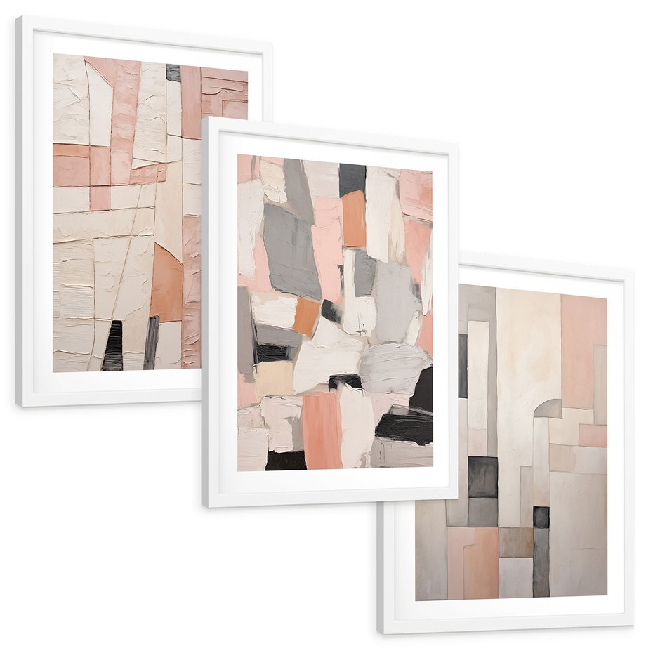 Zestaw obrazy w ramie, plakaty - abstrakcja, pastelowe, geometryczne - rama biała