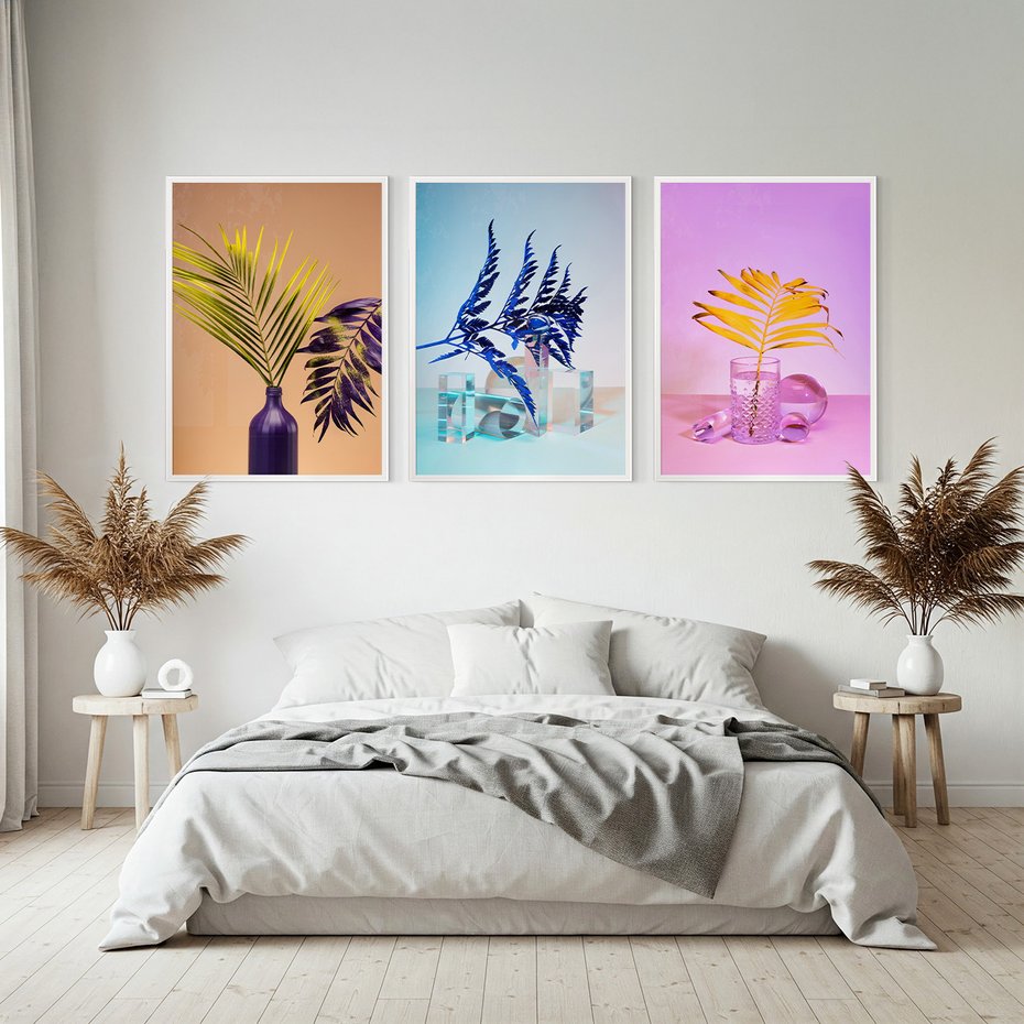 Zestaw obrazy w ramie, plakaty - liście, rośliny, minimalizm - rama biała