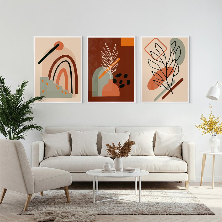 Zestaw obrazy w ramie, plakaty - abstrakcja, liście, rośliny - rama biała