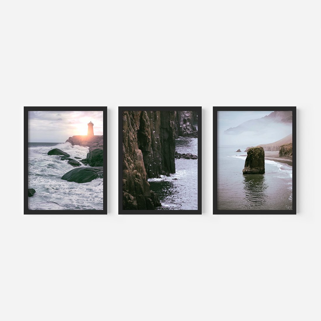 Zestaw obrazy w ramie, plakaty - morze, skały, wybrzeże - rama czarna