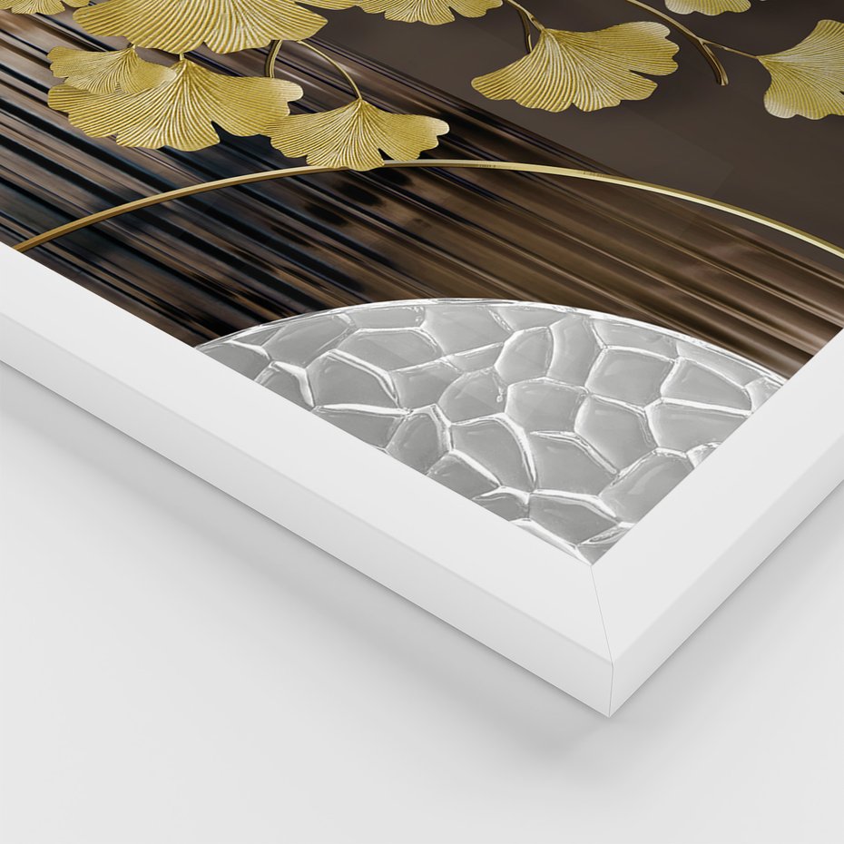 Zestaw obrazy w ramie, plakaty - złoty, liście, abstrakcja - rama biała