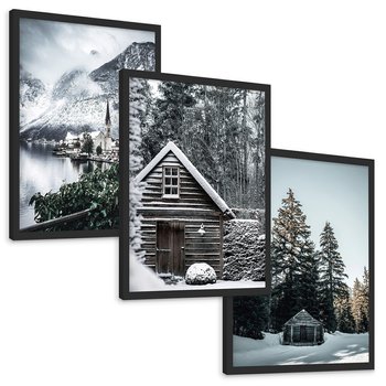 Zestaw obrazy w ramie, plakaty - zima, śnieg, krajobraz - rama czarna