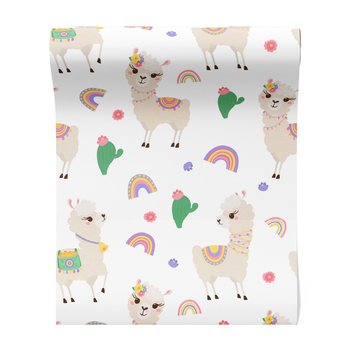 Tapeta - dziecięca, lama, kaktus, tęcza