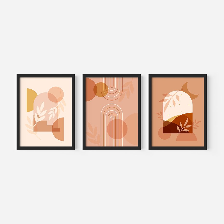 Zestaw obrazy w ramie, plakaty - abstrakcja, boho, liście - rama czarna
