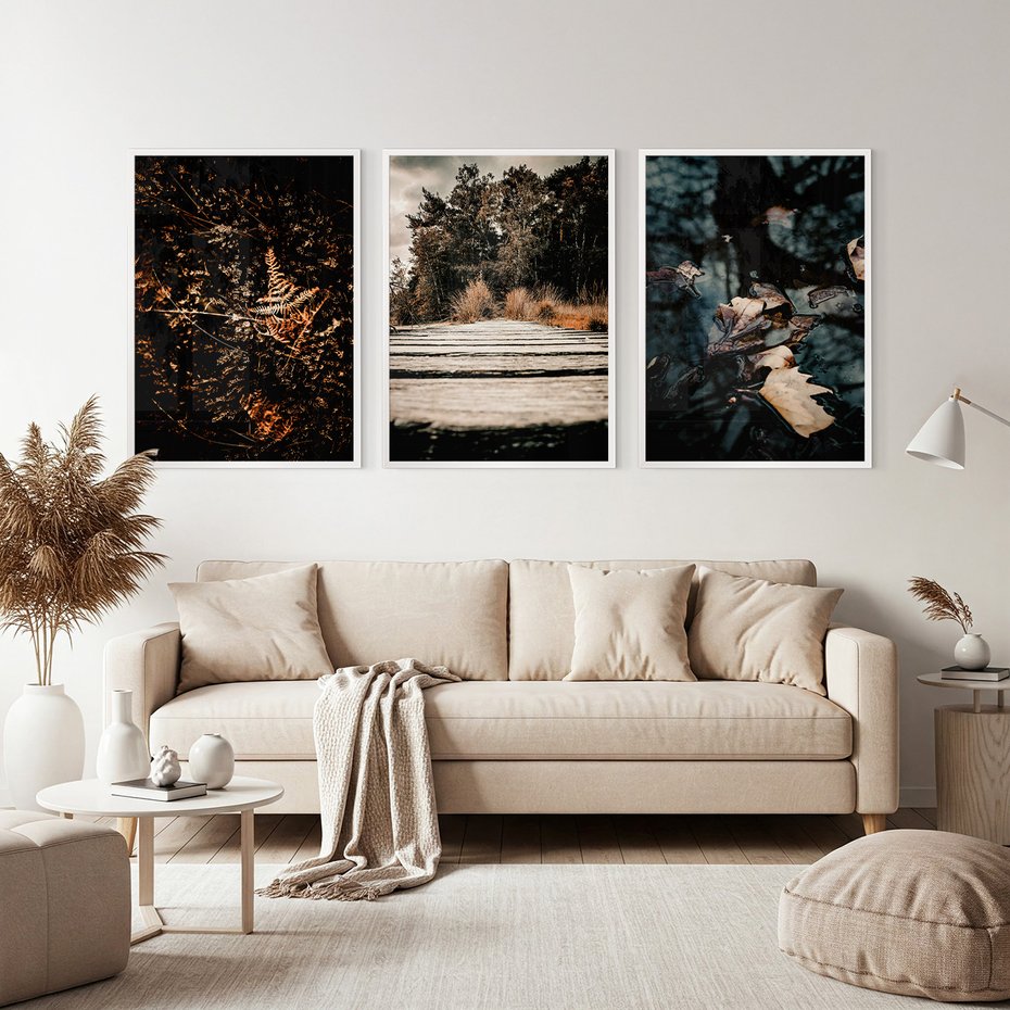 Zestaw obrazy w ramie, plakaty - natura, liście, drzewa - rama biała