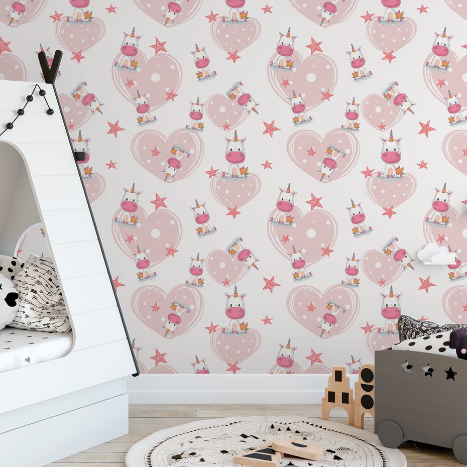 Tapeta - dziecięca, jednorożce, serca, gwiazdy