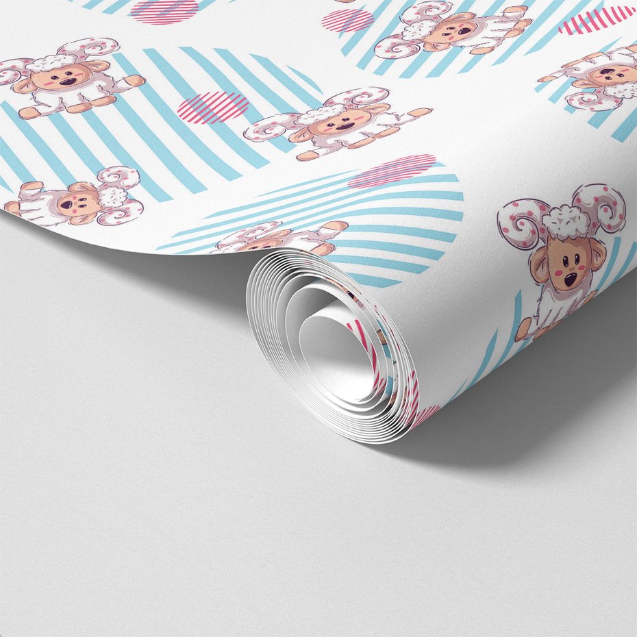 Tapeta - dziecięca, owca, paski, kółka