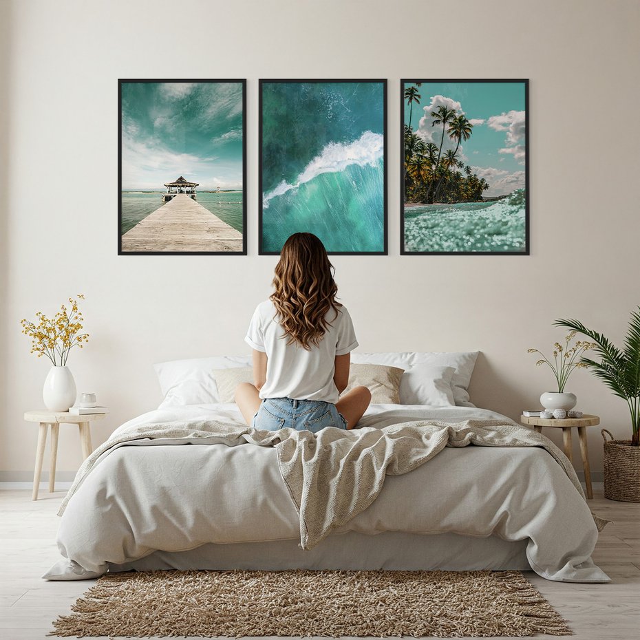 Zestaw obrazy w ramie, plakaty - plaża, morze, tropiki - rama czarna