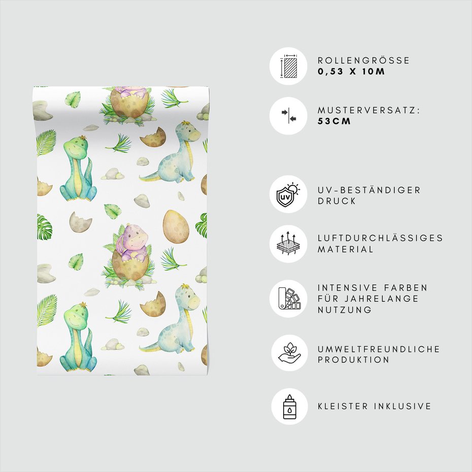 Tapeta - dziecięca, dinozaury, liście, kamienie