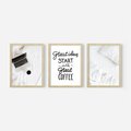 Zestaw obrazy w ramie, plakaty - minimalizm, kawa, laptop - rama drewno