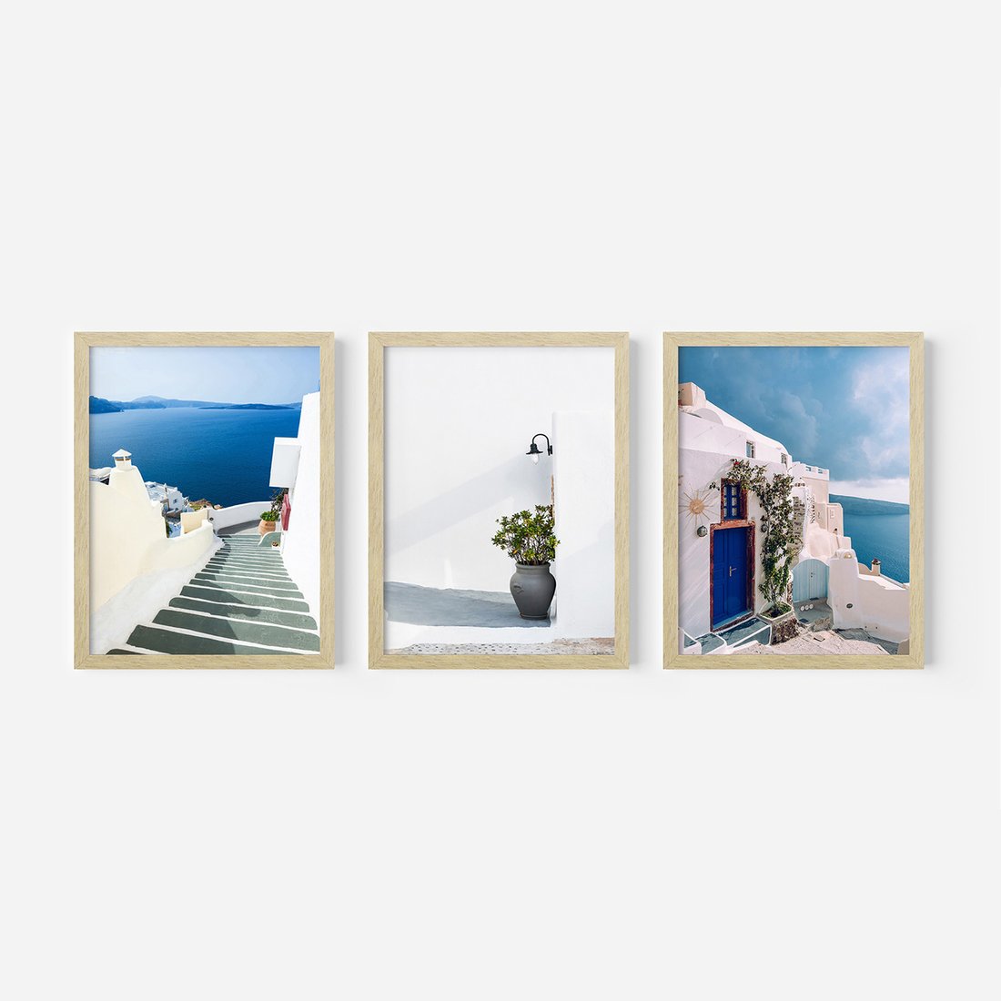 Zestaw obrazy w ramie, plakaty - Santorini, architektura, morze - rama drewno