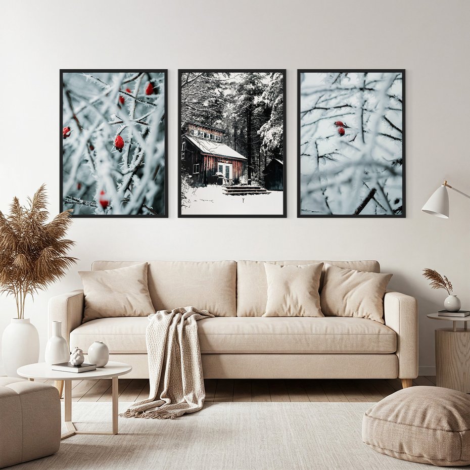 Zestaw obrazy w ramie, plakaty - zima, śnieg, mróz - rama czarna