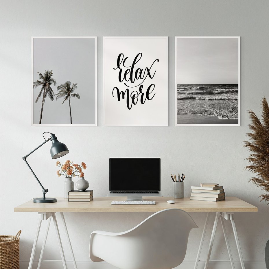 Zestaw obrazy w ramie, plakaty - palmy, morze, relax - rama biała