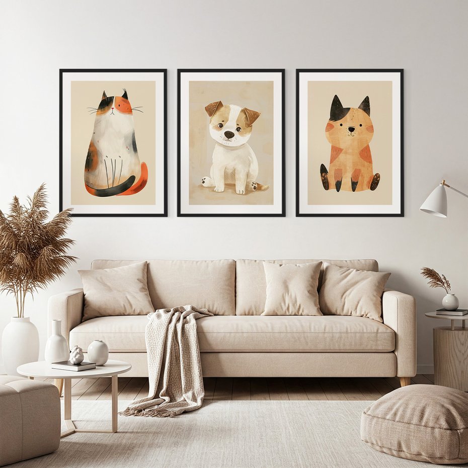 Zestaw obrazy w ramie, plakaty - zwierzęta, kot, pies - rama czarna