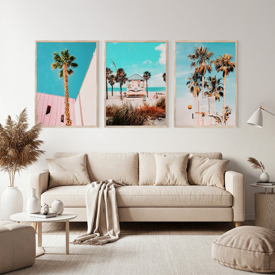Zestaw obrazy w ramie, plakaty - palmy, plaża, tropiki - rama drewno