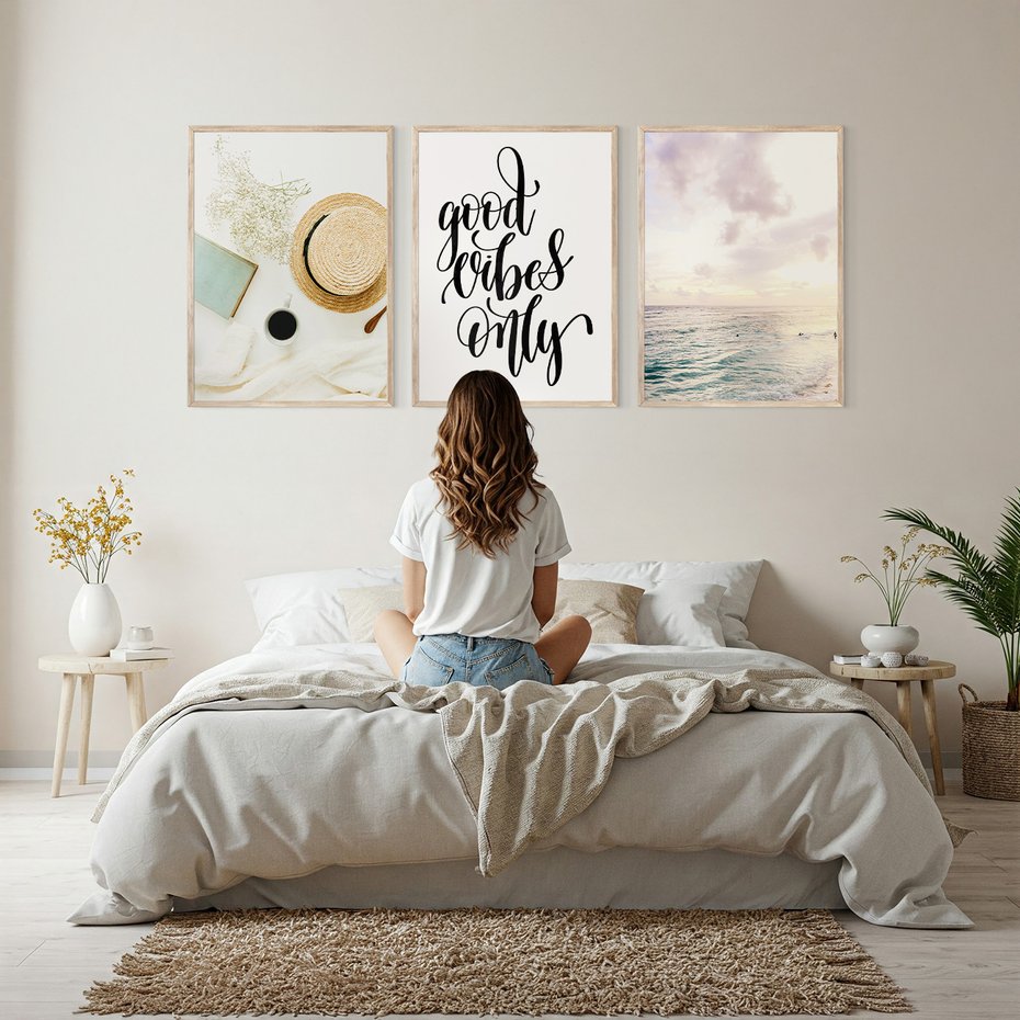 Zestaw obrazy w ramie, plakaty - kwiaty, lato, morze - rama drewno