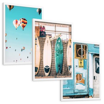 Zestaw obrazy w ramie, plakaty - podróże, plaża, wakacje - rama biała