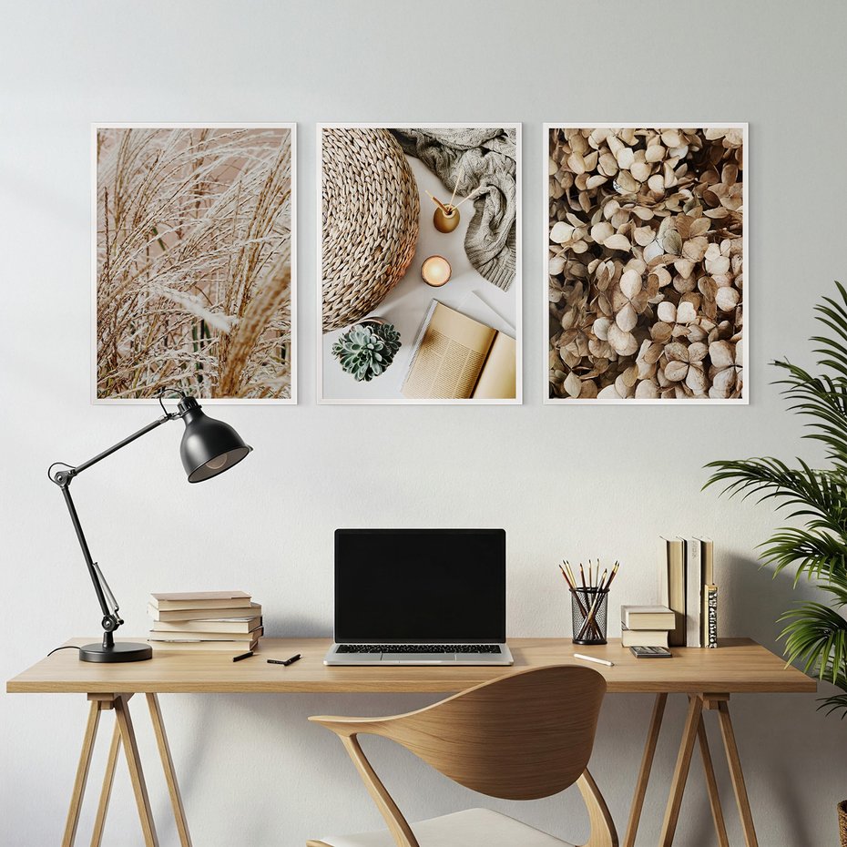 Zestaw obrazy w ramie, plakaty - roślina, beżowy, dekoracja - rama biała