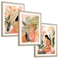 Zestaw obrazy w ramie, plakaty - kobieta, kwiaty, liście - rama drewno