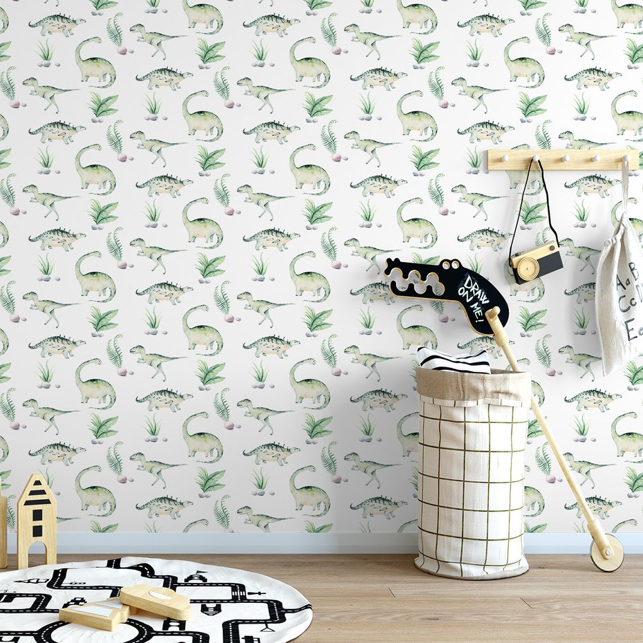 Tapeta - dziecięca, dinozaur, liście, rośliny