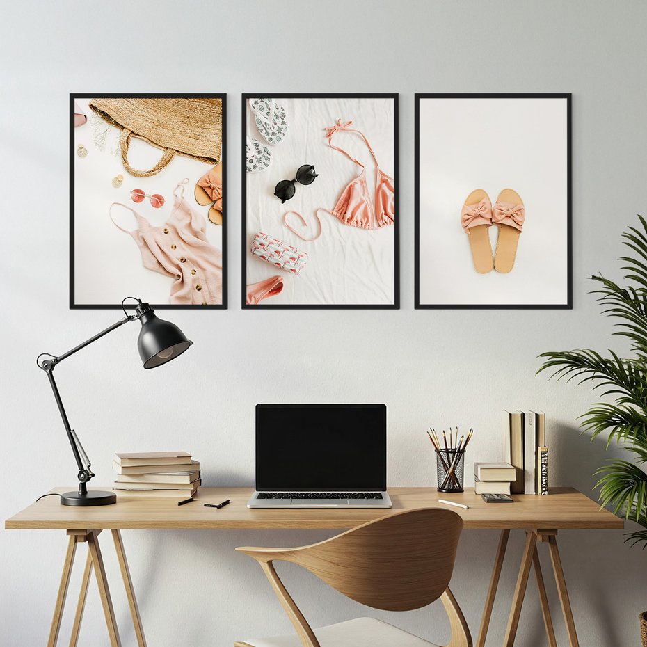 Zestaw obrazy w ramie, plakaty - moda, lato, akcesoria - rama czarna
